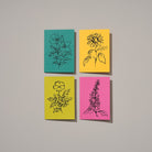 Summer floral greeting card collection featuring vibrant illustrations of cosmos, silverweed, foxglove, and sunflower, showcasing bold colors that capture the warmth and energy of the season